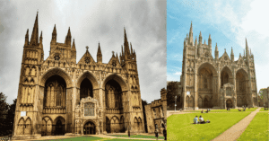 Peterborough Cathedral exterior with historic Norman architecture