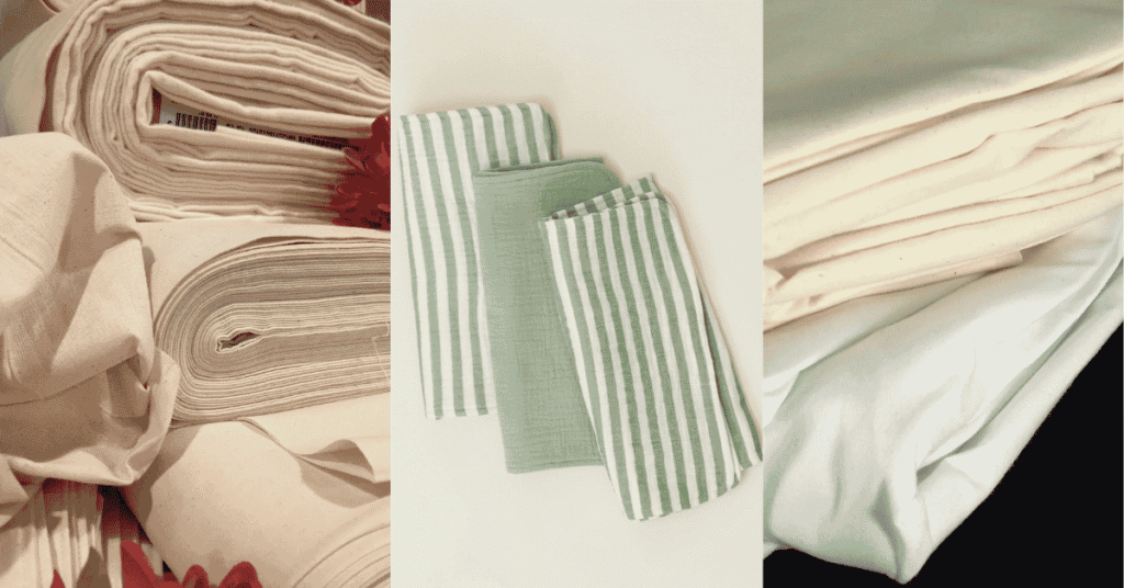 Soft folded muslin cloths for baby laid out on a nursery shelf