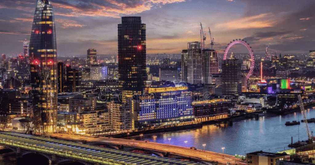 London Skyline view from a top photo spot in London at sunset