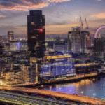 London Skyline view from a top photo spot in London at sunset
