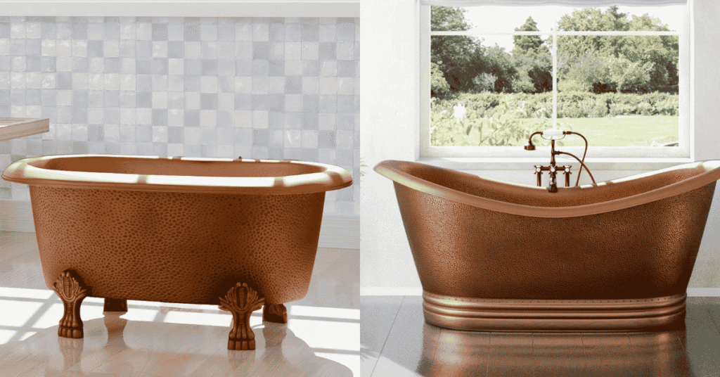 Character-rich modern bathroom with natural materials, warm metallic fixtures and a statement freestanding bathtub.