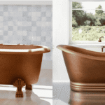 Character-rich modern bathroom with natural materials, warm metallic fixtures and a statement freestanding bathtub.
