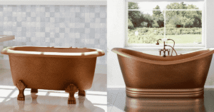Character-rich modern bathroom with natural materials, warm metallic fixtures and a statement freestanding bathtub.