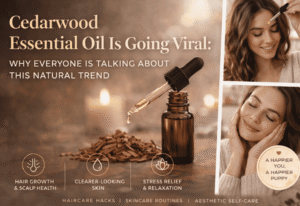 Cedarwood essential oil bottle used in a natural beauty and wellness routine