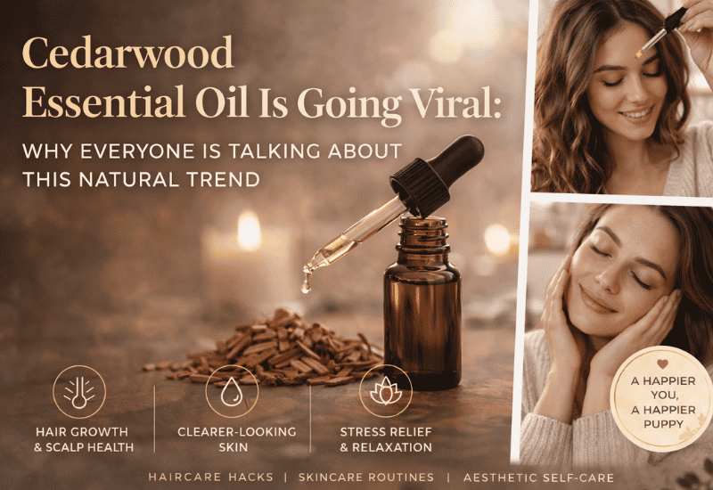 Cedarwood essential oil bottle used in a natural beauty and wellness routine