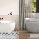 Bathroom small bathtub in a compact UK bathroom with a glass shower screen