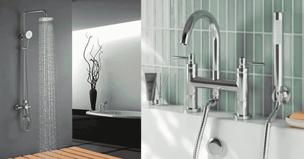 Modern bath shower mixer tap with handheld shower attachment in a UK bathroom