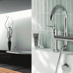 Modern bath shower mixer tap with handheld shower attachment in a UK bathroom