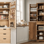 Space-saving kitchen larder cupboard with organised shelves and pull-out storage in a small UK kitchen