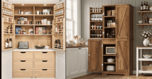 Space-saving kitchen larder cupboard with organised shelves and pull-out storage in a small UK kitchen