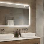 Modern bathroom mirror above a vanity unit in a stylish UK bathroom interior with elegant lighting and contemporary design.