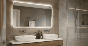 Modern bathroom mirror above a vanity unit in a stylish UK bathroom interior with elegant lighting and contemporary design.