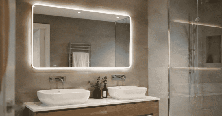 Modern bathroom mirror above a vanity unit in a stylish UK bathroom interior with elegant lighting and contemporary design.