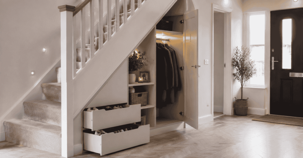 Modern under stairs storage solution in a UK home with built-in cupboards, drawers, shelves, and stylish hallway organisation.
