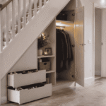 Modern under stairs storage solution in a UK home with built-in cupboards, drawers, shelves, and stylish hallway organisation.