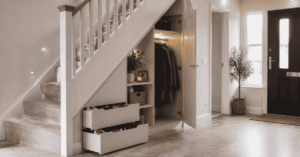 Modern under stairs storage solution in a UK home with built-in cupboards, drawers, shelves, and stylish hallway organisation.