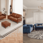 Modern 3 piece sofa set arranged in a stylish UK living room with warm neutral colours and soft furnishings.