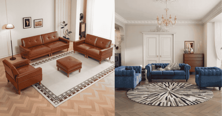 Modern 3 piece sofa set arranged in a stylish UK living room with warm neutral colours and soft furnishings.