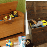 Safe wooden toy box beside a wooden toy kitchen in a UK playroom