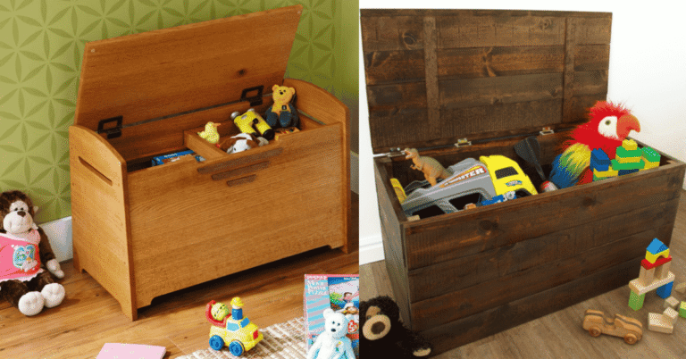Safe wooden toy box beside a wooden toy kitchen in a UK playroom