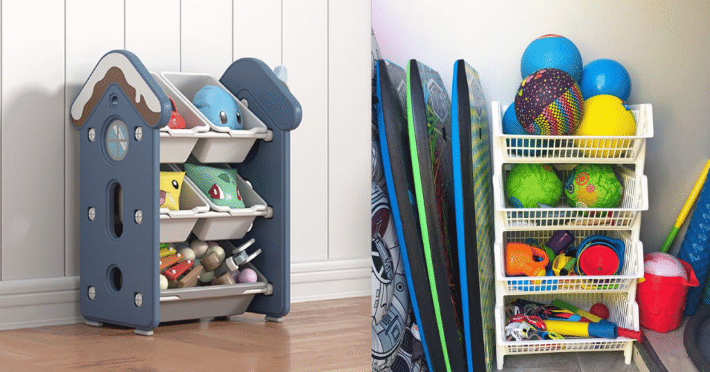 Kids toy storage with a kids toy box in a tidy family playroom