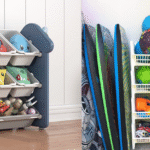 Kids toy storage with a kids toy box in a tidy family playroom
