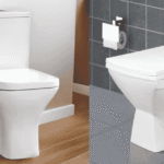Modern square toilet seat fitted in a stylish small UK bathroom.