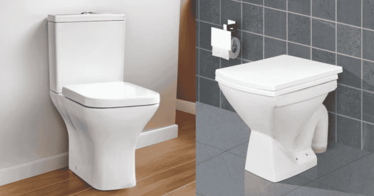 Modern square toilet seat fitted in a stylish small UK bathroom.