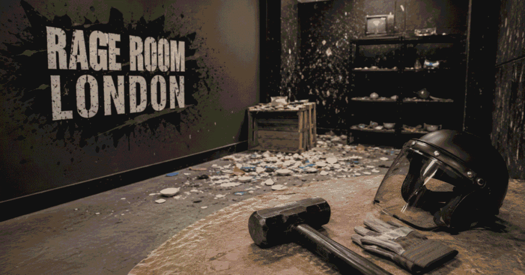 Rage Room London experience with protective gear and smashable items