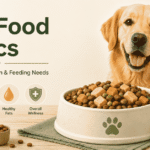 Golden retriever sitting beside a bowl of dog food with healthy ingredients, illustrating dog food nutrition and feeding basics.