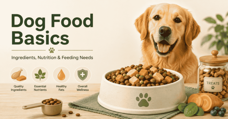 Golden retriever sitting beside a bowl of dog food with healthy ingredients, illustrating dog food nutrition and feeding basics.