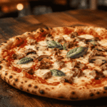 Best pizza in London with sausage, mushrooms, mozzarella and basil on a rustic wooden table.
