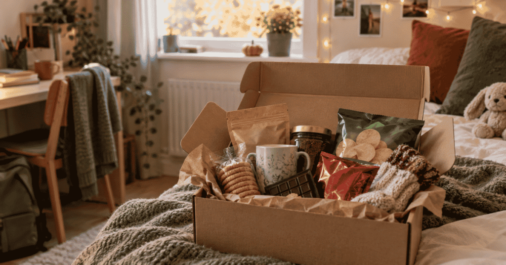 September care package with snacks, tea, coffee and treats for a student settling into university away from home.