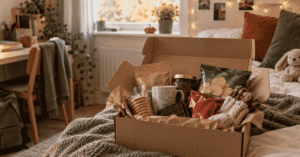 September care package with snacks, tea, coffee and treats for a student settling into university away from home.