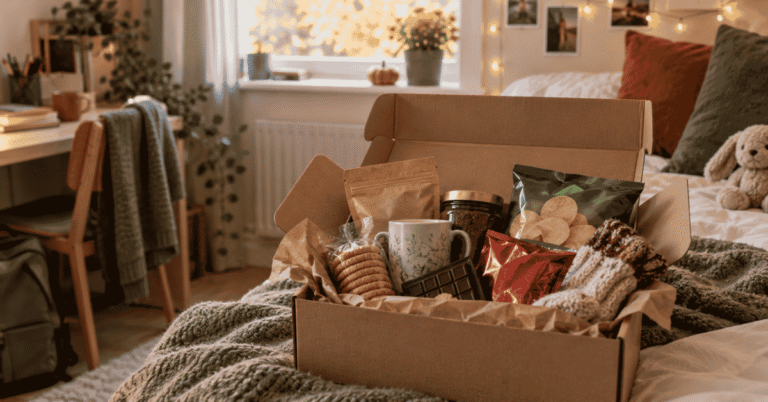September care package with snacks, tea, coffee and treats for a student settling into university away from home.