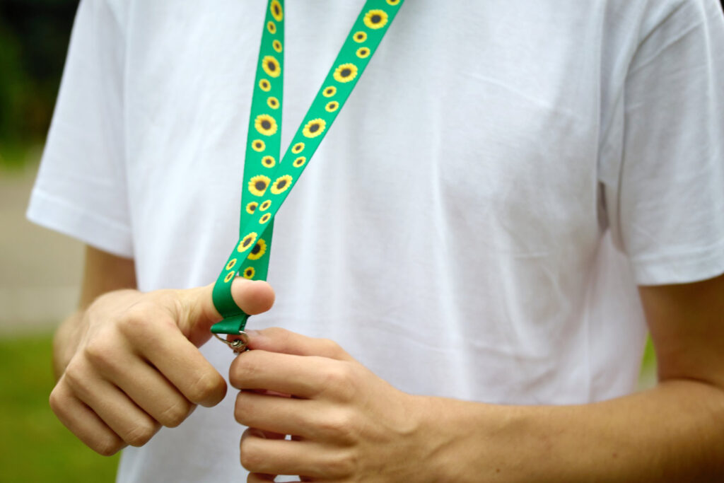 Promotional lanyards in different colours with matching clips and attachments