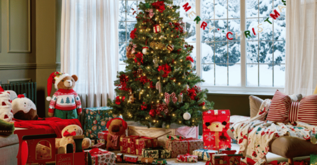 Artificial Christmas tree decorated with lights and ornaments in a family living room