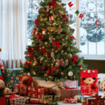 Artificial Christmas tree decorated with lights and ornaments in a family living room