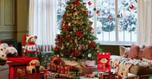 Artificial Christmas tree decorated with lights and ornaments in a family living room