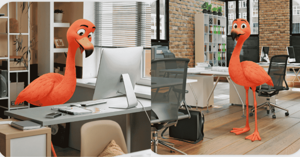 Orange flamingo character standing among desks and computers in a modern office