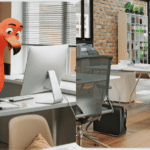Orange flamingo character standing among desks and computers in a modern office