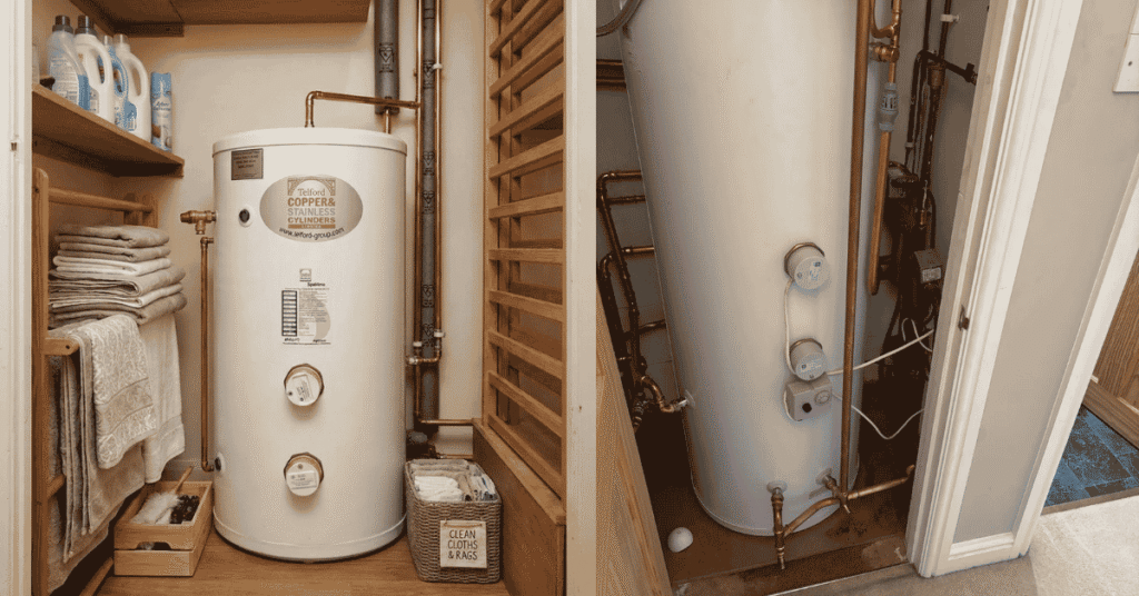 Electric hot water cylinder installed in a UK home